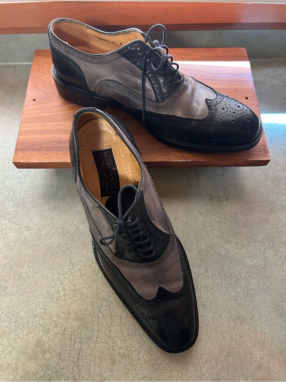 Mercanti Fiorentini Black Grey Leather Brogued Wingtip Lace Up Oxford Shoes 9